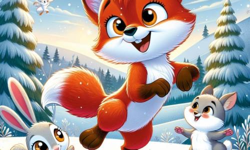 Ein kleiner roter Fuchs namens Felix, mit großen, neugierigen Augen, tanzt fröhlich im Schnee, sein Fell glänzt in der Wintersonne. Er hat ein strahlendes Lächeln und seine Lieblingsschneeflocke hängt an der Spitze seiner Nase. In der Nähe hüpft ein kleiner grauer Hase namens Hoppel mit großen Ohren und rosa Wangen begeistert herum, seine Augen leuchten vor Freude, während er Felix lachend applaudiert. Ein Stück weiter sitzt eine majestätische weiße Eule, Ella, auf einem Ast und beobachtet die Szene mit einem wohlwollenden Blick, ihr weiches, flauschiges Gefieder kontrastiert mit dem blauen Himmel. Die Szenerie ist eine wunderschöne Winterlandschaft mit schneebedeckten Bäumen, sanften Hügeln und einem klaren Himmel, der mit leichten Wolken gesprenkelt ist. Die Hauptsituation zeigt Felix, der fröhlich tanzt, umgeben von seinen Freunden, und die Schönheit des Winters sowie die Freude an der Freundschaft feiert.