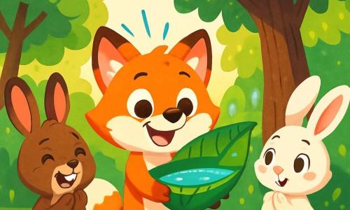 Im Zentrum des Bildes steht ein kleiner Fuchs namens Finn, mit leuchtend orangefarbenem Fell und strahlend fröhlichen Augen, der breit lächelt, während er ein großes Blatt mit Wasser hält. Er strahlt Glück und Begeisterung aus. Zu seiner Rechten schaut ein kleines weißes Kaninchen namens Mia, mit großen Ohren und neugierigem Blick, bewundernd zu Finn, ihre rosa Wangen verraten ihre Aufregung. Links applaudiert ein junger Hase namens Max, mit braunem Fell und glänzenden Augen, fröhlich, mit einem breiten und ehrlichen Lächeln. Die Szenerie spielt in einer grünen Lichtung des großen, hellen Waldes, wo majestätische Bäume mit leuchtend grünen Blättern einen bezaubernden Rahmen bilden. Bunte Blumen in Gelb, Lila und Rot schmücken den Boden. Die Hauptsituation zeigt Finn, der einen alten magischen Baum gießt, dessen Blätter sich unter der Sonne aufrichten und funkeln, während Mia und Max ihn mit Freudenrufen anfeuern. Die Atmosphäre ist festlich und lebendig und spiegelt den Geist von Teilen und Freundschaft im Ramadan wider.