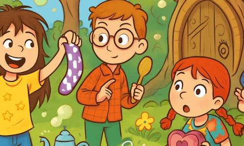 Er zijn 3 personages: - Mila: een 9-jarig meisje met lange, rommelige bruine haren, gekleed in een gele t-shirt met sterren en een spijkerbroek. Ze houdt een paarse stippenkous in haar hand en heeft een grote glimlach op haar gezicht. - Bram: een 10-jarig jongen met licht scheve ronde brillen, gekleed in een rood geruit overhemd en groene broek. Hij houdt een oude gouden lepel vast en kijkt nieuwsgierig naar Mila. - Noor: een 9-jarig meisje met helderrode vlechten, gekleed in een kleurrijke bloemenjurk. Ze zit op haar hurken bij een grote boomschors, met een hartvormige lunchtrommel in haar handen en grote ogen van verbazing. De locatie is een magisch park, vol met bomen met kromme stammen en schitterende bloemen die lijken te dansen op de wind. Limonadebellen zweven in de lucht, terwijl een grote houten deur met vreemde patronen zichtbaar is achter een reusachtige boom, met dikke wortels die zich uitstrekken als armen. De belangrijkste situatie toont de drie kinderen die een geheime deur in het park ontdekken, omringd door magische objecten: een vrolijk dampende theepot, dansende schoenen en kleurige bellen die om hen heen knappen, terwijl een klein eekhoorntje met een tovenaarshoed hen met een ondeugende glimlach observeert.