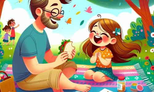 Una bambina di 4 anni, di nome Mia, con lunghi capelli castani e occhi scintillanti di gioia, è seduta su una coperta colorata in un parco. Sorride ampiamente, tenendo un panino in una mano e una piccola bandiera fatta in casa nell'altra, piena di eccitazione per la festa del papà. Accanto a lei, suo padre, un uomo di circa 30 anni con una barba morbida e occhiali, ride guardando la figlia, seduto sulla coperta. Indossa una maglietta blu e pantaloni beige, e tiene un sacchetto di caramelle appena scoperto. Il parco è verdeggiante, con grandi alberi dalle foglie brillanti e fiori colorati che danzano nel vento. In lontananza, si vedono bambini che giocano e uccelli che cantano nel cielo blu. La scena principale mostra Mia e suo padre mentre celebrano la festa del papà con un allegro picnic, circondati da risate e dolcetti, creando insieme ricordi indimenticabili.