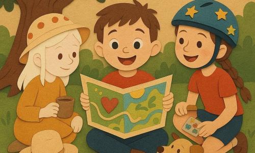 Chłopiec Jaś (ok. 6 lat), uśmiechnięty z krótkimi potarganymi włosami, siedzi po turecku trzymając dużą kolorową mapę i pudełko kredek; obok po lewej Ala (ok. 6–7 lat), albinka w szerokim kapeluszu w kropki, nalewa herbaty do papierowych kubków; po prawej Zosia (ok. 6–7 lat), jasna skóra, warkocze i kask rowerowy w gwiazdki, przytrzymuje smycz psa Burczka — małego, pulchnego, beżowego psa merdającego ogonem; wszyscy pod starym dębem na trawie z dzikimi kwiatami, dzielą skarby z małej szkatułki: kolorowa mapa, złoty kamyk, pióra i naklejki; nastrój przyjaźni, ciepła i współpracy, kompozycja płaska, faktury papierowe, widoczne postrzępione krawędzie, jasna paleta zieleni, ochry i ciepłych czerwieni, styl naiwno-dziecięcy.