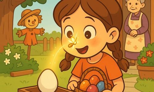Niña de 6 años de rostro redondo, cabello castaño en dos trenzas, ojos grandes sorprendidos y sonrisa dulce; sostiene un pequeño cestillo de mimbre con huevos de colores y mira asombrada un huevo blanco en una caja de madera abierta. Un rayo de luz sale del huevo y forma una luciérnaga luminosa que roza su nariz; los huevos de chocolate del cesto parecen brillar más. Expresión de maravilla y ternura, manos delicadas en el borde del cesto, postura inclinada hacia el huevo; luz cálida y suave sobre su rostro. Una anciana de unos 70 años, rostro arrugado pero amable, pelo gris en moño y delantal floreado, está en la puerta de la casa al fondo sonriendo con ternura. Cerca del manzano hay un pequeño espantapájaros con sombrero de paja, divertido y amigable, inclinado observando la escena. Jardín matinal de casa con césped verde, parterre de flores (geranios rojos, jazmín blanco), un manzano de tronco ancho con una pequeña campanilla de latón en una rama, una caja de madera al pie del árbol, camino de piedras y valla de madera pintada; ambiente suave en colores pastel, contrastes cálidos, sensación de sorpresa y alegría.