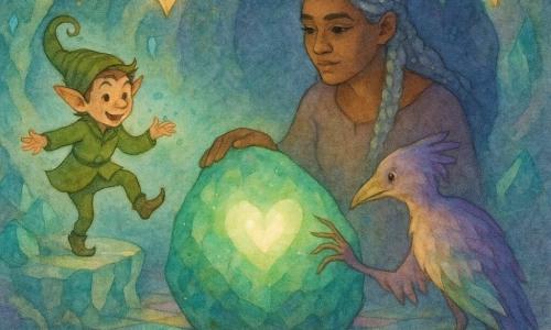 The main character is a sprite named Brim with a mischievous face and sparkling eyes, a joyful reassuring expression, a small agile body in a moss-green coat and spiral hat, holding mint crumbs and dancing lightly on a crystal ledge; Liora, about 20, with silver hair braided with tiny meteorite fragments and a gentle calm gaze, stands near Brim with a protective hand on a large glowing meteorite at the center; Arin, a spindly creature with shifting feathers (lavender, mint, sunset gold), shy but curious, uncoils from its shadow to touch the meteorite's heart with rootlike fingers; the setting is Heart Hollow, a mining cavern lined with blue-green crystals and golden flecks, glasslike stalactites, firefly-shaped hanging lamps and a polished floor reflecting multicolored light like stained glass; the scene shows Brim and Liora welcoming Arin to the pulsing green-lit meteorite, a warm magical meeting in pastel watercolor tones with soft contrasts between emerald light and violet shadows.