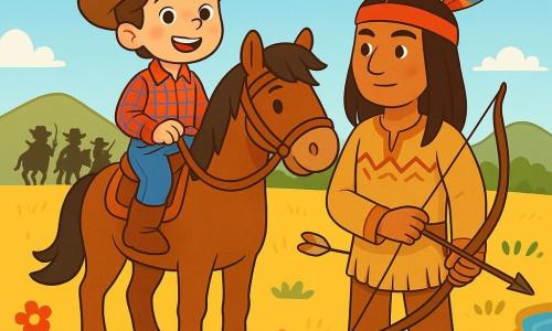 Un giovane cowboy, un ragazzo di 12 anni di nome Luca, è fiero sul suo cavallo marrone, con un grande sorriso determinato. Indossa un cappello da cowboy usurato, una camicia a quadri rossi e blu e stivali di pelle. I suoi occhi brillano di eccitazione e coraggio mentre guarda lontano. Accanto a lui, un indiano saggio di circa 30 anni, vestito con una tunica di pelle decorata con piume colorate, tiene un arco in mano, pronto a difendere il suo territorio. Il paesaggio è una vasta prateria dorata, con fiori selvatici colorati e colline ondulate all'orizzonte sotto un cielo blu. La scena principale mostra Luca e l'indiano uniti, discutendo con passione per trovare una soluzione pacifica di fronte a un gruppo di banditi minacciosi che si avvicinano, creando una tensione palpabile nell'aria.