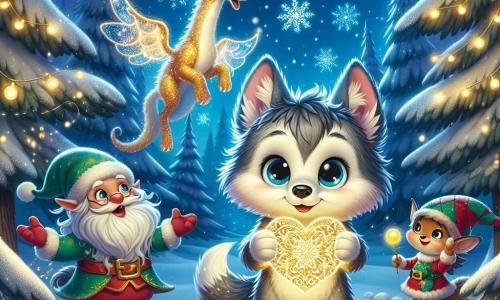 Lupo, een kleine wolf met zachte, donzige vacht en grote, glanzende ogen vol nieuwsgierigheid en opwinding, staat in het midden van de scène met een prachtige hartvormige sneeuw in zijn pootjes, een stralende glimlach op zijn gezicht. Naast hem danst een blije elf met glinsterende vleugels, gekleed in een rood en groen kostuum, met sprankelende ogen van geluk terwijl hij een gouden bel schudt die vrolijke klanken produceert. Op de achtergrond staat een majestueuze draak met schitterende schubben, die trots en vriendelijk kijkt, klaar om de magie van Kerstmis te verspreiden. De scène speelt zich af in een betoverd bos, waar majestueuze bomen bedekt zijn met glinsterende sneeuw en sterren stralen in een diepblauwe nachtelijke lucht, wat een magische en sprookjesachtige sfeer creëert. Lupo en zijn vrienden vieren samen de magie van Kerstmis, omringd door sprankelende lichten en zacht vallende sneeuwvlokken, terwijl ze zingen en lachen, en een moment van vreugde en vriendschap delen.
