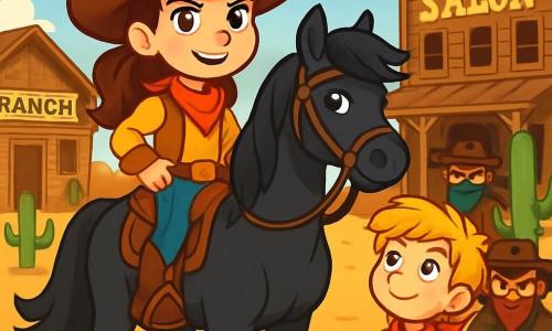 O fată cowboy curajoasă, Mara, de aproximativ 10 ani, cu gene lungi și ochi strălucitori de determinare, poartă o pălărie mare de cowboy și cizme din piele uzată. Ea stă pe calul ei negru, Fulger, care are o coamă strălucitoare și mușchi bine definiți, în timp ce zâmbește cu încredere, pregătită să înfrunte bandiții. Lângă ea, Billy, un băiat de 12 ani cu părul blond în dezordine și un bandană roșie în jurul gâtului, privește cu admirație, ținând un găleată de limonadă. În fundal, un ranch tipic din Vestul Sălbatic, cu pereți din lemn îmbătrânit, un saloon mare și cactuși împrăștiați sub un cer albastru strălucitor, creează o atmosferă caldă și însorită. Situația principală o arată pe Mara provocând bandiții, care se apropie cu priviri amenințătoare, în timp ce ea stă mândră pe calul ei, pregătită să-și protejeze ranch-ul și prietenii.