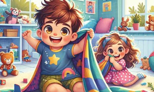 Um menino de 4 anos, com grandes olhos brilhantes e cabelos castanhos bagunçados, está sentado em um tapete macio, rindo muito. Ele usa uma camiseta azul com estrelas e um short amarelo. Ao seu lado, sua irmã de 6 anos, com cabelos longos e cacheados, veste um vestido rosa com bolinhas e sorri segurando uma coberta colorida como uma bandeira. Ela se esconde atrás de um travesseiro em forma de nuvem. O quarto deles está cheio de brinquedos: bichinhos de pelúcia, blocos de construção e livros espalhados. As paredes são pintadas de azul claro, e pôsteres de super-heróis decoram o ambiente. A cena principal mostra o menino fingindo pilotar uma nave espacial com uma coberta como capa, enquanto a irmã se esconde, pronta para surpreendê-lo. Eles estão cercados por uma atmosfera alegre e mágica, cheia de risadas e imaginação.