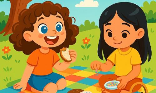 An 8-year-old girl named Lily, with curly brown hair bouncing joyfully, is sitting on a colorful picnic blanket. She has big sparkling blue eyes and a radiant smile, holding a half-eaten sandwich in one hand. Next to her is her best friend Mia, also 8, with straight black hair, decorating cookies with colorful sprinkles. She has soft brown eyes and a focused expression, sitting cross-legged on the blanket. The setting is a sunny park with a large majestic oak providing shade, colorful flowers scattered around, and a clear blue sky dotted with fluffy white clouds. The main scene shows Lily and Mia sharing a moment of closeness, laughing together after a small incident with a sandwich that fell in the mud, illustrating the strength of their friendship despite little mishaps.
