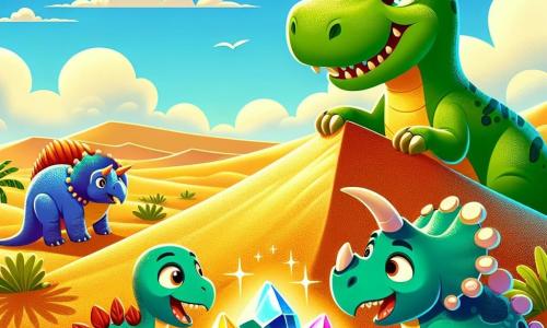 Un Tyrannosaurus Rex llamado Tito, con piel verde brillante y ojos llenos de curiosidad, está de pie sobre una duna de arena dorada, mirando con asombro un grupo de piedras brillantes de colores vivos. A su lado, su mejor amiga, una triceratops llamada Lila, con tres cuernos en la frente y piel rosa, se acerca sonriendo, con los ojos abiertos por la emoción. Un estegosaurio llamado Max, con placas dorsales en forma de hojas y piel verde, se encuentra un poco apartado, mordisqueando hojas de un árbol bajo, mientras observa la escena con aire intrigado. El escenario es un vasto desierto antiguo, con dunas de arena ondulantes bajo un cielo azul brillante, salpicado de algunas nubes blancas. La situación principal muestra a Tito y sus amigos descubriendo juntos las piedras brillantes, símbolos de su aventura y amistad, mientras comparten un momento de alegría y asombro.