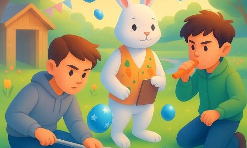 Three characters in a spring backyard: Leo, about 12, short chestnut hair, crouched left with a long-handled silver net reaching to catch a floating starry blue egg; Max, 12, tousled brown hair, light green jacket, standing right blowing an orange carrot-shaped whistle with a focused expression to guide the eggs; an anthropomorphic rabbit the size of a medium dog, white fur, wearing a small vest embroidered with carrots and stars and holding a clipboard, center-back leaning forward as team leader with ears up. Setting: bright green lawn dotted with pink and yellow tulips, a pastel-painted picnic table, a wooden shed with an ajar door left, a small wooden bridge over a silver stream in the background, pastel bunting and plastic eggs scattered on the grass, soft golden morning light. Action: the three coordinate capturing floating blue and silver eggs that hover like tiny planets—some rising toward branches, others turning near the ground—Leo readies the net, Max blows the whistle, the rabbit supervises with his clipboard; mood joyful and mysterious, saturated pastels, soft textures, and bright reflections on the eggs.