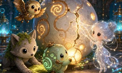 Main character: Mica, a small round “lantern-shell” creature with a pale green rune-covered shell that glows green, determined warm gaze, gently rolling and pressing her bright round lantern against a large stone shell. Secondary: Liri, a brass-feathered clockwork bird with visible gears, lively joyful expression, hovering above the group singing a sparkling note. Secondary: Gruff, a compact stone fox with tufts of green moss on its back, calm protective air, crouched placing a moss cushion at the base of the large shell. Secondary: Mira, a threadlike light-girl of silver light strands, soft smile, weaving a net of moonlight thread around a crack in the shell. Central object: the Humming Weapon, a huge sculpted lunar stone shell with pale surface, broad copper bands and glowing orange-copper runes that vibrate, small light windows beginning to open. Setting: the Ancient Underground Hall, a vast polished stone vault with brass gear wheels, blue-turquoise lamps, glass planters with glowing jars and hanging clarinet-trees, warm metallic atmosphere and light mist. Main situation: a small circle of friends calming the singing shell — moss placed, light net set, lantern pressed to its side — runes shifting from harsh orange to soft gold, rays of light and tiny magical sparks floating, mood of hope and reconciliation.