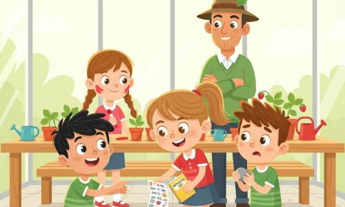 An 8-year-old girl with light brown hair in a ponytail, round freckled face, curious eyes and a determined smile holds a small yellow "Detective Kit" notebook and a crumpled sheet with names, standing center and leaning forward; to her left Leo, 8, tousled black hair and a laughing, excited expression, points at the sheet while slightly crouched; to her right Jasper, 8, spiky brown hair and a relieved look, holds a smooth gray stone toward the group; nearby Nina, 7, with two braids and a paint smudge on her cheek, smiles shyly holding a red marker by a bench; behind a seed table stands Mr. Green, about 50, tanned skin and a gardener's hat with a leaf tucked in, hands folded and watching kindly. The bright greenhouse has large glass walls with white reflections, a light wooden table with small soil pots and young green strawberry plants, colorful watering cans, a wooden bench, pale tiled floor with a few wet footprints; the scene captures a joyful revelation as the found sheet is shown to the relieved, conspiratorial group in a warm, collaborative composition with vivid greens, yellows and reds, simple shapes and clean outlines.
