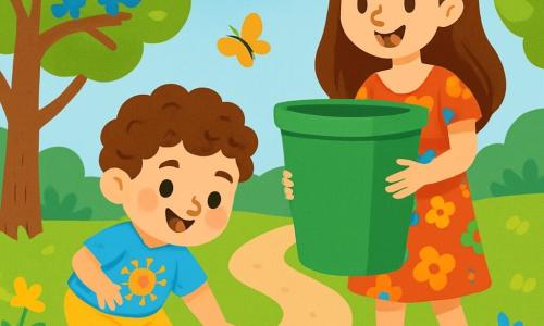 Un bambino di 2 anni, con capelli ricci e castani, un sorriso gioioso e occhi scintillanti, si piega per raccogliere una bottiglia di plastica da terra. Indossa una maglietta blu con un disegno di sole e pantaloni corti gialli. Accanto a lui, sua madre, una donna di circa 30 anni con capelli lunghi e castani, sorride orgogliosa mentre tiene un grande bidone verde. Indossa un vestito leggero e colorato e si tiene leggermente indietro, incoraggiando il figlio. La scena si svolge in un parco verdeggiante, con alberi maestosi e fiori colorati che danzano nel vento. Gli uccelli cantano gioiosamente tra i rami, e un sentiero di terra si snoda attraverso il parco. Il bambino e sua madre stanno pulendo il parco, rendendo la natura più bella e pulita, mentre farfalle volano attorno a loro, aggiungendo un tocco di magia a questa bella giornata.