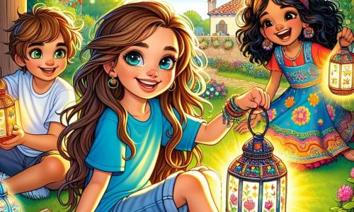 Una ragazza di 12 anni, Gioia, con lunghi capelli castani e occhi brillanti di curiosità, sorride felicemente mentre tiene una lanterna colorata decorata con disegni di fiori e stelle. Indossa una maglietta blu vivo e pantaloni corti di jeans, seduta sull'erba verde di un giardino soleggiato. Accanto a lei, un ragazzo di 12 anni, Luca, con capelli castani disordinati e un sorriso birichino, tiene un'altra lanterna, pronto ad appenderla. Un po' più in là, Yasmin, una ragazza di 12 anni con capelli neri e ricci, balla ridendo, indossando un vestito colorato, aggiungendo un tocco di gioia alla scena. Il giardino è decorato con ghirlande luminose e festoni multicolori, con fiori vivaci che danno vita all'ambiente. La scena principale mostra Gioia e i suoi amici che celebrano la “Festa di San Giovanni”, circondati da lanterne illuminate, condividendo risate e storie sotto un cielo azzurro, creando un'atmosfera festosa e calorosa.