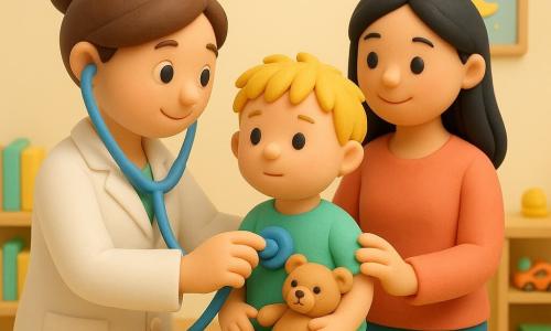 Uma médica sorridente e afetuosa, cabelo castanho preso em coque e bata branca, encosta um pequeno estetoscópio azul no peito de um menino de 3 anos de cabelos loiros e bagunçados que segura um ursinho bege e está sentado numa pequena mesa de exame; a mãe, na casa dos 30, cabelos longos e pretos, sorri e apoia a mão no ombro do menino. O consultório é acolhedor, com paredes creme, um grande tapete redondo com estrelas, uma prateleira baixa com livros e brinquedos e um cartaz do sol e da lua; luz dourada suave, sombras muito leves, texturas lisas e brilhantes. Cena íntima e tranquilizadora, gesto delicado da médica ouvindo o coração, paleta em tons pastel (azul céu, amarelo suave, verde menta e creme), contrastes suaves, contornos arredondados, composição simples e centrada em plano próximo nos três personagens.