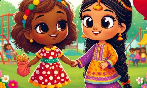 No centro da imagem, Clara, uma menina de 6 anos com cabelos castanhos e encaracolados, e grandes olhos curiosos, sorri alegremente. Ela usa um vestido colorido de bolinhas e segura um balão vermelho na mão. Sua expressão é cheia de entusiasmo e amizade, enquanto convida Lila a brincar com ela. Ao seu lado, Lila, uma menina de 6 anos de origem indiana, com longos cabelos negros trançados e pele caramelo, olha para Clara com um sorriso tímido. Ela veste uma túnica tradicional colorida com padrões florais e segura uma pequena bolsa cheia de samosas. Ela parece feliz e um pouco nervosa, mas pronta para se divertir. O cenário é um parque ensolarado, cheio de flores coloridas, árvores verdes e uma área de recreação animada. Crianças brincam ao longe, e um céu azul claro com algumas nuvens brancas adiciona suavidade à cena. A situação principal mostra Clara e Lila de mãos dadas, prontas para correr em direção à área de recreação, simbolizando sua nova amizade e a alegria de compartilhar momentos juntas, apesar de suas diferenças culturais.