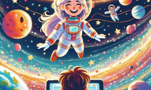 Ana, uma astronauta com um sorriso radiante, flutua alegremente no espaço, vestindo um elegante e colorido traje espacial. Seus olhos brilham de excitação enquanto ela faz uma pequena pirueta, cercada por milhares de estrelas cintilantes. Lucas, um menino de 8 anos com cabelos castanhos bagunçados e olhos curiosos, está diante de um computador na Terra, olhando para a tela com admiração e imaginando as aventuras de Ana no espaço. O cenário é um vasto céu estrelado, salpicado de planetas coloridos e nebulosas luminosas, criando um fundo mágico e inspirador. A situação principal mostra Ana conversando com Lucas através de uma tela, compartilhando seu entusiasmo pela exploração espacial e incentivando o jovem a seguir seus sonhos de astronauta.