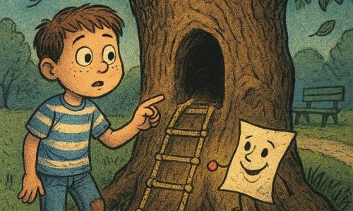 Un băiat de 10 ani, față rotundă cu pistrui, ochi mari și curioși, expresie uimită și ușor anxioasă, ține degetul pe un buton mic roșu lipit de trunchiul unui stejar bătrân cu scoarță crăpată; poartă tricou în dungi alb‑albastru, jeansi uzați cu genunchiul peticit și teniși ușor noroioși, stă pe gazon lângă o rădăcină noduroasă; o coală pliata în acordeon, animată ca un personaj, plutește la înălțimea mâinii sale cu un zâmbet tras cu tuș și litere rotunde; în trunchi se văd o ușiță rotundă și o scorbura, lângă care e butonul roșu strălucitor, iar din scorbura coboară o scară de frânghie iluminată de o lumină galbenă caldă care contrastează cu umbra albastră a serii; în jur se observă o bancă verde în fundal, alei de pietriș, iarbă înaltă și frunze tremurând, atmosfera e misterioasă și veselă, culori saturate și texturi granulare, linii rapide ca o impresie pe ziar.