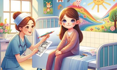 Una niña de 10 años, Clara, con largos cabellos castaños y ojos brillantes de curiosidad, está sentada en una cama de hospital. Tiene una sonrisa decidida en el rostro y sostiene un lápiz de colores en la mano, lista para dibujar. A su lado, otra niña, Elena, también de 10 años, con cabello rubio y gafas redondas, observa con admiración el dibujo de Clara, con las manos sobre las rodillas. Al fondo, una enfermera sonriente, Ana, de unos treinta años, con cabello castaño recogido en un moño, observa a las dos niñas animándolas. El lugar es una habitación de hospital luminosa, con paredes pintadas de azul claro y posters coloridos de animales y paisajes. Una gran ventana deja entrar la luz del sol, iluminando la habitación. La situación principal muestra a Clara y Elena colaborando para crear un hermoso mural en la pared de la habitación, lleno de dibujos de flores, sol y sueños, simbolizando la esperanza y la amistad en momentos difíciles.