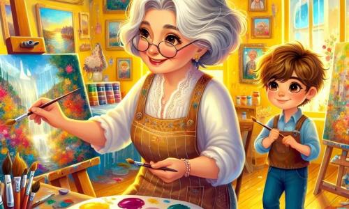 Una mujer mayor, Clara, se encuentra en el centro de su luminoso taller, rodeada de lienzos coloridos. Tiene el cabello plateado, una sonrisa cálida y gafas redondas que le dan un aire sabio. Clara está pintando con pasión, un pincel en la mano, mientras que salpicaduras de pintura vibrante adornan su delantal. A su lado, un niño de diez años, Lucas, observa con asombro. Tiene el cabello castaño desordenado y ojos brillantes de curiosidad. Lucas sostiene un pincel en su mano, listo para crear su propia obra, y se mantiene ligeramente apartado, inspirado por el talento de Clara. El taller es un espacio mágico, con paredes pintadas de amarillo brillante, grandes ventanas que dejan entrar la luz del sol y estanterías llenas de tubos de pintura y pinceles de todos los tamaños. Los lienzos colgados en las paredes muestran paisajes encantadores, y el suelo está salpicado de pequeños tarros de pintura derramados. La escena principal muestra a Clara y Lucas en plena creación, Clara guiando a Lucas en su proceso artístico, mientras colores vibrantes se entrelazan en sus lienzos, simbolizando la alegría y la inspiración compartida.
