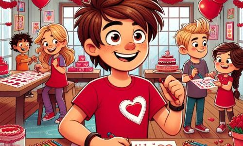 Un ragazzo di 12 anni, di nome Marco, con capelli castani arruffati e un grande sorriso, è al centro dell'immagine. Indossa una maglietta rossa con un cuore disegnato sopra e tiene in mano inviti colorati, traboccante di eccitazione e gioia. Accanto a lui, la sua migliore amica Maddy, una ragazza di 12 anni con capelli biondi intrecciati, sta disegnando cuori su un grande pannello decorativo, con uno sguardo concentrato e felice. Sullo sfondo, Luca, un ragazzo timido di 11 anni, sistema palloncini a forma di cuore, con gli occhi brillanti di entusiasmo. La scena si svolge in una sala decorata per una festa di San Valentino, con ghirlande di cuori rossi e palloncini che fluttuano dal soffitto. Un grande tavolo è carico di deliziosi dolci e biscotti a forma di cuore, mentre un angolo è riservato ai giochi, con cuori di carta pronti per essere lanciati. La situazione principale mostra Marco e i suoi amici mentre preparano la festa, circondati da risate e buon umore, pronti ad accogliere i loro compagni per una celebrazione gioiosa e colorata dell'amicizia e dell'amore.