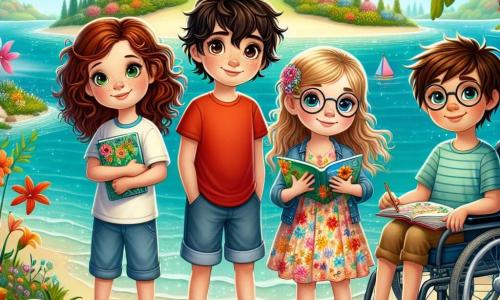 Im Zentrum des Bildes stehen vier Freunde am Ufer einer magischen Insel. Links steht Mia, ein 10-jähriges Mädchen mit lockigem, kastanienbraunem Haar und funkelnden Augen, in einem roten T-Shirt und einer Jeansshorts. Sie lächelt mutig und ist bereit für ein Abenteuer. Rechts von ihr hält Jonas, ein 11-jähriger Junge mit runden Brillen und zerzausten blonden Haaren, ein offenes Buch in der Hand, seine Augen leuchten vor Aufregung. Neben ihm zeichnet Leni, ein 9-jähriges Mädchen mit langen, glatten Haaren in einem bunten Kleid, Blumen in ein Notizbuch mit einem Bleistift. Schließlich sitzt rechts Ben, ein 10-jähriger Junge mit braunem Haar und einem warmen Lächeln, in seinem Rollstuhl und hält eine kleine Box voller Buntstifte. Im Hintergrund erstreckt sich die Szene auf einer bezaubernden Insel, umgeben von einem schimmernden türkisfarbenen Meer unter einem hellblauen Himmel. Majestätische Bäume mit lebhaft grünen Blättern stehen aufrecht, und bunte Blumen blühen am Boden. In der Ferne glänzt ein Schloss aus Wasser und Licht in der Sonne, während ein bunter Drache den Himmel überfliegt. Die Freunde bereiten sich darauf vor, in ein altes Holzboot zu steigen, das bereit ist, zum geheimnisvollen Schloss zu segeln, um die erste Prüfung ihres Abenteuers zu bestehen. Auf ihren Gesichtern strahlen Aufregung und Freundschaft, bereit, die Geheimnisse der Insel zu entdecken.