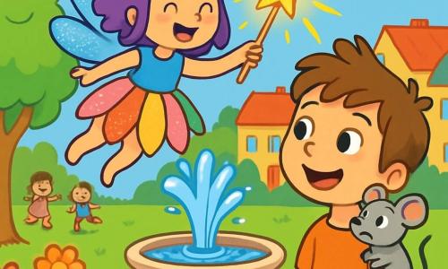 Eine kleine Fee namens Lila mit schimmernden blauen, rosa und silbernen Flügeln fliegt fröhlich über einem großen Brunnen, ihr Gesicht strahlt vor Glück und Aufregung. Sie trägt ein Kleid aus bunten Blütenblättern, die in der Sonne funkeln. Neben ihr steht ein kleiner Junge von etwa 8 Jahren, Max, mit zerzausten braunen Haaren und einer kleinen grauen Maus auf seiner Schulter, die Lila anlächelt, seine Augen funkeln vor Staunen. Die Szene spielt in einem lebhaften Stadtpark mit grünen Bäumen, leuchtenden Blumen und einem alten Ste Brunnen in der Mitte, aus dem kristallklares Wasser sprudelt. Im Hintergrund säumen bunte Häuser den Park, und Kinder spielen fröhlich auf dem Gras. Lila hält einen glänzenden, alten goldenen Stern, der den Himmel mit Lichtblitzen erhellt, während sie sich wünscht, den wunderschönen Regenbogen in die Stadt zurückzubringen.