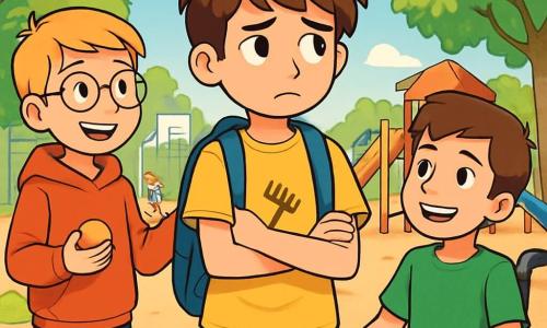 Există 3 personaje: Matei, un băiat de 10 ani cu părul brun și ochi strălucitori, îmbrăcat cu un tricou galben și pantaloni scurți albaștri, stând în centru cu un rucsac pe spate și o expresie gânditoare; Luca, un băiat de 10 ani cu părul blond și ochelari rotunzi, îmbrăcat cu un hanorac roșu și pantaloni negri, stând la stânga lui Matei, zâmbind și ținând o minge mică; Darius, un băiat de 10 ani cu părul castaniu, zâmbind călduros, în scaun cu rotile, îmbrăcat cu un tricou verde și blugi, stând la dreapta lui Matei, cu mâinile pe brațele scaunului, privindu-și prietenii cu entuziasm. Scena are loc într-o curte de școală însorită, înconjurată de copaci cu frunze verzi. Există jocuri colorate în jur și un teren de sport în fundal, cu un cer albastru și câțiva nori albi pufoși. Cei trei prieteni discută, Matei părea îngrijorat, în timp ce Luca și Darius încearcă să-l consoleze, înconjurați de râsetele altor copii care se joacă, dar o umbră de tristețe plutește asupra lui Matei, simbolizând gândurile sale despre separarea părinților.