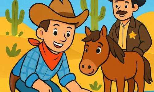 Un vaquero, Tomás, un hombre de unos treinta años, está de pie al borde de un arroyo brillante, con su amplio sombrero de fieltro y su bandana roja ondeando al viento. Su rostro es sonriente y decidido, con ojos chispeantes de curiosidad. Lleva una camisa de cuadros azules y un pantalón de mezclilla, mientras su fiel caballo, Pancho, un mustang marrón de ojos vivos, está a su lado, mirando atentamente el arroyo. El Sheriff Martín, un hombre de mediana edad con una estrella brillante en el pecho, está un poco más atrás, observando a Tomás con una sonrisa aprobatoria. Lleva un sombrero de vaquero negro y una chaqueta de cuero, y parece listo para ayudar a su amigo. El paisaje es del Oeste americano, con colinas doradas, cactus verdes y un cielo azul brillante salpicado de nubes blancas. El arroyo fluye suavemente, reflejando la luz del sol. La escena muestra a Tomás sumergiendo su mano en el agua clara, buscando pepitas de oro escondidas entre las piedras, mientras Pancho permanece alerta a su lado y el Sheriff Martín observa con interés, creando una atmósfera de aventura y camaradería.