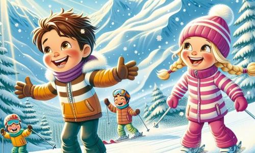 Een 11-jarig jongen met rommelig kastanjebruin haar en door de kou rozige wangen skiën vrolijk op een besneeuwde helling. Zijn gezicht straalt van opwinding en geluk terwijl hij soepel glijdt, met zijn armen iets van elkaar om zijn evenwicht te bewaren. Dichtbij moedigt een 10-jarig meisje, Lisa, met gevlochten blond haar en een stralende glimlach, hem aan door haar armen in de lucht te steken, gekleed in een felroze skikleding. Een andere 11-jarige jongen, Tom, met een bril en bruin haar, staat iets verderop en lacht terwijl hij probeert niet in de sneeuw te vallen. De achtergrond is een prachtige skistation met majestueuze bergen bedekt met glinsterende sneeuw onder een heldere blauwe lucht. Besneeuwde dennenbomen omringen de piste, en sneeuwvlokken vallen zachtjes, wat een magische touch aan de scène toevoegt. De hoofdscène toont Emiel, Lisa en Tom in volle actie, genietend van een zonnige skiday vol lachen en vriendschap, terwijl ze de helling afgaan, klaar voor onvergetelijke winteravonturen.
