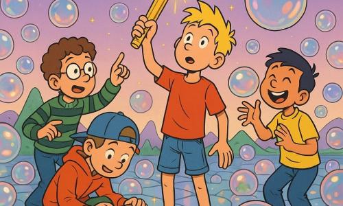 Vier jongens in een kleurrijke zee van bellen: een 10-jarige jongen met blond stekelig haar, rood T-shirt en spijkershorts staat centraal met een glanzend magisch potlood in zijn rechterhand en kijkt verwonderd naar de lucht; links daarvan een 9-jarige jongen met bruin krullend haar, ronde bril en groen gestreept trui wijst naar een getekende fonkelende deur op de grond; rechts een 10-jarige jongen met kort zwart haar en geel T-shirt lacht terwijl hij een reuzenbel bij zijn gezicht probeert te grijpen; achteraan een 9-jarige jongen met kastanjebruin haar, blauwe pet achterstevoren en oranje sweater hurkt en opent een oud doosje waaruit een glanzende sleutel komt, alles op een half-gom half-glas oppervlak met doorschijnende bolletjes en verre bergen als gekleurde hoorntjes onder een lichtviolette hemel met gouden sterretjes, bubbels weerkaatsen mini-landschappen en barsten in kleine sterren, levendig contrastrijke kleuren en strakke expressieve lijnen in een Franco-Belgische stripstijl.