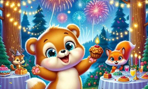 Ilustración que representa un pequeño oso de peluche, con un pelaje marrón claro y ojos brillantes de alegría. Sonríe ampliamente, con los brazos abiertos, en medio de una fiesta de Año Nuevo, rodeado de luces centelleantes. A su lado, una pequeña ardilla de pelaje rojizo, con grandes ojos brillantes de emoción, baila alegremente sosteniendo un pequeño pastel en forma de nuez. Un poco más lejos, una pequeña zorra de pelaje dorado, con una expresión maravillada, mira el cielo lleno de fuegos artificiales coloridos. El lugar principal es un claro encantado en un bosque, iluminado por guirnaldas de luciérnagas y decorado con ramas de abeto. Las mesas están llenas de deliciosos pasteles y bebidas afrutadas, mientras que majestuosos árboles rodean la escena, creando una atmósfera mágica. La situación principal muestra al pequeño oso de peluche celebrando el Año Nuevo con sus amigos, mientras el cielo se ilumina con fuegos artificiales brillantes, llenando el aire de colores vivos y alegría. Otros elementos gráficos incluyen estrellas centelleantes en el cielo nocturno, confeti flotando en el aire y animales del bosque reunidos alrededor de las mesas, todos sonrientes y listos para festejar juntos.