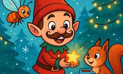 In het midden staat een kleine, ondeugende elf met een grote, krullende snor en een stralend rode tuniek, die ondeugend glimlacht en een kleine, fonkelende ster in zijn handen houdt. Zijn ogen twinkelen van ondeugendheid en hij staat op zijn tenen, klaar om een grap te maken. Aan zijn rechterkant observeert een eekhoorn met zijdezachte vacht en een pluizige staart, met een nieuwsgierige en speelse blik, de elf met een verwonderde glimlach terwijl hij een mok warme chocolademelk met sneeuwvlokken vasthoudt. Aan de linkerkant zweeft een meikever met doorschijnende, kleurrijke vleugels in de lucht, met een blije uitdrukking, klaar om de elf te applaudisseren. De achtergrond is een betoverd bos, vol met met sneeuw bedekte dennenbomen, versierd met lichtslingers. Zachtjes vallende sneeuwvlokken creëren een magische en feestelijke sfeer. De scène toont de ondeugende elf die een kerstgrap voorbereidt, omringd door zijn dierenvrienden, die allemaal benieuwd zijn naar de verrassing die hij heeft bedacht.