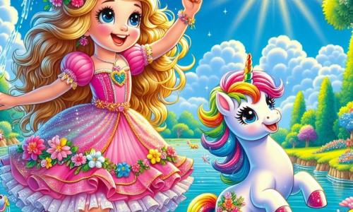 Die Prinzessin Lila, ein etwa 8-jähriges Mädchen, hat lange, gewellte, goldene Haare und trägt ein rosa Kleid, das mit bunten Blumen verziert ist. Sie ist voller Freude und lacht laut, während sie sich darauf vorbereitet, ins Wasser zu springen. Neben ihr springt ein kleiner, regenbogenfarbener Einhorn mit glitzernder Mähne fröhlich, seine Augen funkeln vor Neugier. Die Umgebung ist ein wunderschöner, verzauberter See, umgeben von üppigem Grün und bunten Blumen. Der Himmel ist strahlend blau, mit fluffigen weißen Wolken, und die Sonne scheint, wodurch funkelnde Reflexionen auf dem Wasser entstehen. Die Hauptsituation zeigt Lila und das Einhorn, die sich auf einen Wasserstrahl-Wettbewerb mit bunten Fischen vorbereiten, die fröhlich aus dem Wasser springen und eine festliche, fröhliche Atmosphäre schaffen.
