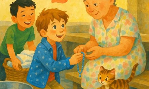 An 8-year-old boy, Milo, smiling and calm with tousled light brown hair, bright eyes, a blue polka-dot jacket and beige pants, kneels by a wooden table to tenderly offer a small wet blue necklace he found; across from him stands Mrs. Ortega, about 50, warm and rounded, gray hair in a bun and a pastel floral dress, receiving it with gentle emotion; nearby a 10-year-old boy, Tomas, short black hair and a green T-shirt, smiles softly while helping pull a wicker basket of clean laundry to Milo’s right, and a tiny playful tabby kitten, Buttons, pawing a crumpled paper boat, leaps onto a pile of towels; the scene is an old outdoor washhouse with silver metal basins, worn wooden benches, colorful laundry fluttering on lines and shiny wet stone floors, lit softly and rendered in gouache with visible brushstrokes and soft colors, composition focused on the shared looks between Milo, Mrs. Ortega and Buttons.