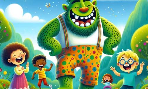 In het midden van de afbeelding danst een grote groene ogre genaamd Olli vrolijk, met een brede glimlach die zijn grote witte tanden onthult. Hij heeft sprankelende ogen van blijdschap en gespierde armen die op komische wijze bewegen. Zijn lichaam is bedekt met kleine gele vlekken en hij draagt een kleurrijke katoenen short die bij zijn grappige uitstraling past. Rondom hem is een groep van drie kinderen aanwezig. Een 7-jarig meisje met krullend haar en een roze jurk lacht luid terwijl ze Olli ziet dansen. Een 8-jarige jongen met een bril en een blauwe t-shirt applaudisseert enthousiast, terwijl een andere 6-jarige jongen met blond haar probeert hem na te doen met onhandige dansbewegingen naast hem. De scène speelt zich af in een zonnig park, vol met kleurrijke bloemen en groene bomen. De lucht is helderblauw met enkele donzige witte wolken. Vlinders fladderen om hen heen en voegen een vleugje magie toe aan de vrolijke sfeer. De hoofdscène toont Olli, de ogre, die op speelse en uitbundige wijze danst, terwijl de kinderen hem vol verwondering bekijken en lachen, wat een moment van geluk en vriendschap creëert.