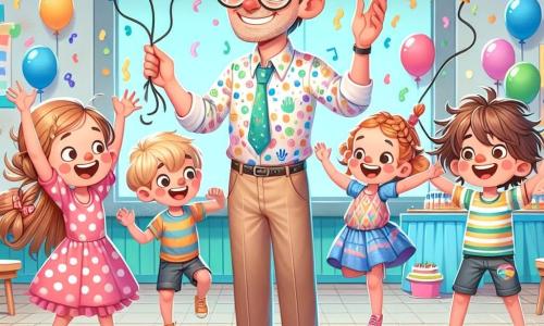 Na scenie stoi profesor Marek, szeroko się uśmiechając, w okrągłych okularach i lekko rozczochranych brązowych włosach. Ma na sobie kolorową koszulę i beżowe spodnie, trzymając w jednej ręce kolorowe balony, a drugą zachęca swoich uczniów do tańca. Po jego lewej stronie stoi mała dziewczynka Ania, lat 7, z długimi blond warkoczykami i różową sukienką w kropki, skacząc z radości i unosząc ręce, z błyszczącymi oczami. Po jego prawej stronie jest chłopiec Tomek, lat 8, z rozczochranymi brązowymi włosami i niebieską koszulką, który klaska w rytm muzyki, z szerokim uśmiechem na twarzy. Scena rozgrywa się w klasie udekorowanej na imprezę, z balonami przyczepionymi do ścian, kolorowymi girlandami wiszącymi z sufitu i stołami przykrytymi ciastami i napojami. Profesor Marek świętuje koniec roku szkolnego z uczniami, którzy tańczą i bawią się razem, tworząc radosną i festywną atmosferę, pełną śmiechu i muzyki.