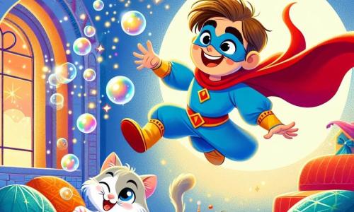 Um super-herói homem, Zeca, com um traje azul vivo e uma capa vermelha esvoaçante, salta alegremente no ar, seu rosto radiante de felicidade e travessura, com bolhas de sabão brilhantes saindo do nariz. Ao lado dele, seu adorável gatinho Pelúcia, um pequeno felino de pelos macios e sedosos, com olhos brilhantes de travessura, faz piruetas no ar, com um sorriso travesso. A cena acontece em uma sala de estar colorida, cheia de brinquedos espalhados, almofadas fofas e raios de sol filtrando pelas janelas. Zeca e Pelúcia se divertem juntos, criando bolhas de sabão gigantes que flutuam ao redor deles, preenchendo o ar com risadas e alegria.