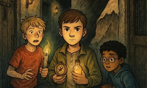 Three boys: Eli, 11, short brown hair, fair skin, wearing a khaki jacket, centered and slightly forward, determined, holding a brass compass in his right hand and a small warm glass vial against his chest; Jasper, 11, messy blond hair, freckles, faded red T‑shirt, left of Eli, holding a green‑flamed candle, expression half‑fearful half‑brave; Milo, 10, curly black hair, round glasses, blue sweatshirt, right of Eli, crouched with his hand on a white door marked by three grooves, anxious but focused. They stand in a dark interior corridor lined with old wooden and metal doors, pale yellow wall lamps, worn dusty stone floor, doorframes like tree trunks and trailing ivy near a black door. The three open the small white grooved door together; Milo touches a groove, Eli holds the warm glowing vial, Jasper lights the scene with his green flame. Behind warped wallpaper a large faceless shadow pushes through, folds suggesting a lurking face; tense atmosphere, strong contrasts, cracked wood textures and warm glows against cold shadows.