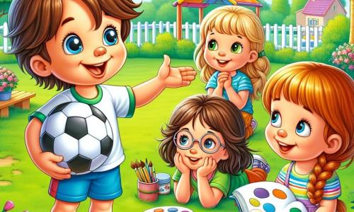 An 8-year-old boy named Max, with messy brown hair and sparkling blue eyes, is at the center of the image, smiling enthusiastically as he shows a soccer ball to his friends. To his right, Emma, a 7-year-old girl with braided blonde hair and a colorful dress, holds a paint palette, looking at Max with admiration. On the left, Sophie, an 8-year-old girl with brown hair and glasses, sits on the grass with an open book on her lap, listening attentively. In the background, the sunny playground is surrounded by green trees and colorful flowers, creating a joyful and friendly atmosphere. The scene shows Max sharing his ideas about soccer, while Emma and Sophie are ready to join in, illustrating gender equality and the importance of celebrating differences.