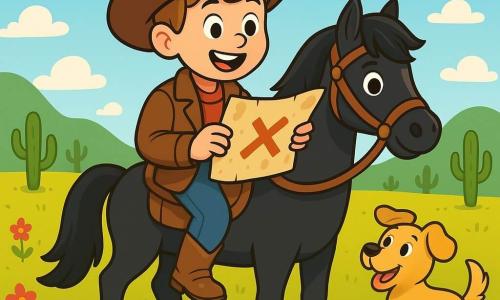 Ein junger Cowboy-Junge namens Tommy, etwa 10 Jahre alt, trägt einen großen braunen Cowboyhut, eine braune Lederjacke und staubige Stiefel. Er hat ein aufgeregtes Lächeln im Gesicht und seine Augen glänzen vor Neugier. Er sitzt auf seinem schwarzen Pferd namens Blitz, das eine glänzende Mähne und lebhafte Augen hat. Neben ihm wedelt sein treuer Hund Max, ein kleiner Hund mit goldenem Fell, begeistert mit dem Schwanz und ist bereit, ihn auf dem Abenteuer zu begleiten. Die Szene spielt in einer sonnigen, weiten Prärie mit grünen Hügeln am Horizont, verstreuten Kakteen und einem blauen Himmel, der mit weißen Wolken gesprenkelt ist. Am Boden fügen bunte Wildblumen der Umgebung einen Hauch von Magie hinzu. Tommy hat gerade eine staubige Schatzkarte mit einem großen roten X entdeckt, die er in den Händen hält. Er schaut sich um, entschlossen, den richtigen Weg zu wählen, um den versteckten Schatz zu finden.