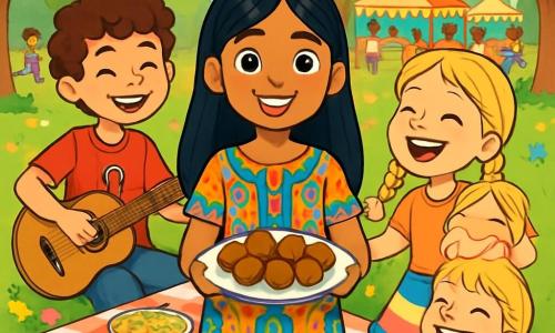 Ci sono 4 bambini: - Samira: una ragazza di 10 anni, con lunghi capelli neri e occhi marroni brillanti. Indossa un vestito colorato con motivi arabi e si trova al centro, sorridente, tenendo un piatto di falafel. - Matteo: un ragazzo di 11 anni, con capelli ricci e pelle chiara. Indossa una maglietta rossa con il logo del Milan e si trova a sinistra di Samira, mentre suona la chitarra. - Giulia: una ragazza di 10 anni, con lunghe trecce bionde e occhi azzurri. Indossa una gonna colorata e si trova a destra di Samira, mentre canta allegramente. - Luca: un ragazzo di 11 anni, con capelli castani e pelle leggermente abbronzata. Indossa una felpa grigia e si trova un po' indietro, sorridente e con un pezzo di pane di montagna in mano. L'ambientazione è un parco soleggiato, pieno di fiori colorati e alberi verdi. Una grande tovaglia è stesa sull'erba, coperta di piatti vari che rappresentano diverse culture. Sullo sfondo, si vedono bambini che giocano e famiglie riunite intorno a stand decorati. La scena principale mostra i quattro amici che condividono piatti tradizionali, ridendo e cantando insieme, simboleggiando l'armonia e la bellezza della diversità. I colori vivaci e i sorrisi radiosi illustrano la gioia dell'amicizia e della condivisione delle culture.