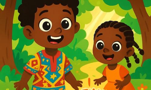 Kito, um menino de 8 anos com grandes olhos brilhantes e um sorriso radiante, está no centro do cenário, com uma expressão curiosa e maravilhada, cabelos crespos e uma túnica colorida com padrões africanos. Ao lado dele, uma menina de 6 anos, Amani, com tranças e um vestido de tecido leve, também observa fascinada, com os olhos brilhando de alegria. Eles estão em um bosque verdejante, onde majestosas árvores com folhas verdes balançam suavemente, e flores multicoloridas cobrem o chão. Ao longe, um raio de sol atravessa os galhos, iluminando um caminho de terra dourada. Kito e Amani se aproximam de uma fonte misteriosa de onde emana um som mágico, intrigados pelo som encantador que parece chamá-los para a aventura.
