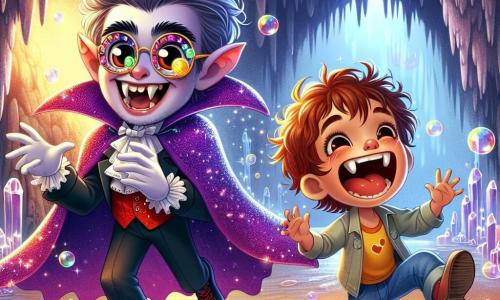 Um vampiro alegre, chamado Vlad, com grandes olhos redondos atrás de óculos coloridos, uma capa roxa cintilante e um sorriso radiante, tenta capturar uma pequena luz dançante que voa ao seu redor. Ao seu lado, um garoto de 8 anos chamado Tico, com cabelo bagunçado como um pompom e um sorriso brilhante, ri alto enquanto tenta pegar a luz com as mãos. A cena ocorre em uma caverna mágica, onde as paredes brilham como cristais e as estalactites reluzem, criando uma atmosfera de conto de fadas. Bolhas de sabão flutuam no ar, adicionando cor e magia ao ambiente. Vlad e Tico se divertem juntos correndo e pulando para pegar a luz travessa que os faz rir, transformando a caverna em um verdadeiro festival de alegria e risos.