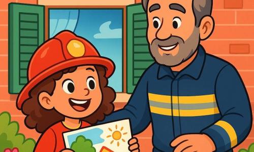 Clara, una niña de 8 años, es una aprendiz de bombera con cabello rizado y castaño, que lleva un casco de bombero rojo que brilla bajo el sol. Sonríe con entusiasmo, sus ojos brillan de alegría, sosteniendo un mapa colorido en sus manos. A su lado, el señor Tomás, un hombre de unos cincuenta años con barba canosa y un uniforme de bombero azul, la anima con una mirada orgullosa, manteniéndose ligeramente atrás, listo para ayudarla. La escena se desarrolla frente a una encantadora casa de ladrillos rojos, con contraventanas verdes y un jardín florecido, donde una ventana está abierta, dejando entrar una brisa fresca. Clara y los bomberos se preparan para ventilar la habitación, abriendo la ventana con cuidado, mientras el aire fresco entra, aportando una sensación de ligereza y felicidad.