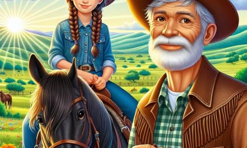 Illustratie van een jonge cowgirl met lange, gevlochten, bruine haren, die een leren cowboyhoed en een denimjack met franjes draagt. Ze zit op een majestueus zwart paard, met sprankelende ogen vol opwinding, terwijl ze in de verte naar een groene vallei kijkt. Naast haar staat een oudere man van ongeveer zestig jaar met een grijze baard en diepe rimpels, die vriendelijk glimlacht. Hij draagt een geruite shirt en een strohoed, en staat iets naar achteren met zijn handen op zijn riem, terwijl hij de jonge vrouw met trots observeert. Op de achtergrond strekt een uitgestrekte prairie zich uit, bezaaid met kleurrijke wilde bloemen en zachte heuvels. De lucht is helderblauw met enkele witte, donzige wolken, terwijl een stralende zon de scène verlicht. De hoofdscène toont de vastberaden cowgirl, klaar om de mysterieuze vallei te verkennen die ze net heeft ontdekt, met een gevoel van avontuur en nieuwsgierigheid in de lucht. Vogels vliegen boven hen en een lichte bries laat het gras dansen, wat een vleugje leven aan deze vredige scène toevoegt.