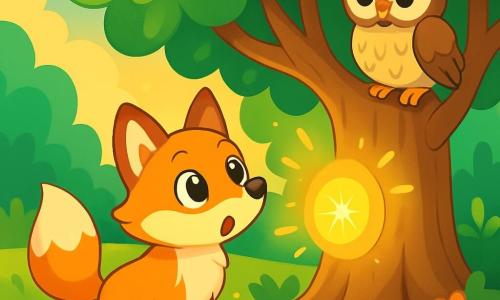Ein Fuchs mit leuchtenden Augen und goldenem Fell, voller Neugier und Staunen, steht vor einem majestätischen Baum mit strahlend grünen Blättern. Neben ihm sitzt eine weise Eule mit braunen und weißen Federn, die aufmerksam den Fuchs beobachtet und bereit ist, ihm Ratschläge zu geben. Der Ort ist eine verzauberte Lichtung, durchflutet von goldenem Licht, mit bunten Blumen und einem sanften Bächlein in der Nähe. In dieser Szene entdeckt der Fuchs einen geheimnisvollen Lichtschein, der vom Baum ausgeht, bereit, sein magisches Abenteuer zu beginnen.