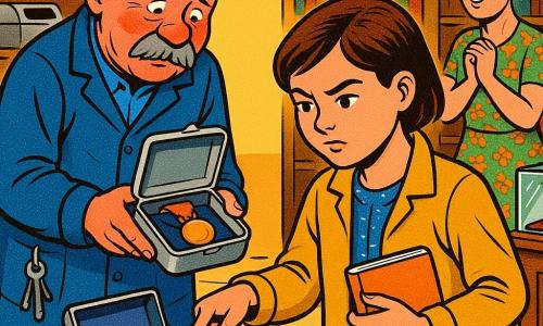 Hoofdpersonage: meisje van ongeveer 12 jaar, jonge detectieve, geconcentreerd en rustig gezicht, korte chocoladebruine haren, mosterdgele jas, oranje notitieboek in linkerhand, wijst naar een open broodtrommel op tafel. Bijpersonage 1: mannelijke conciërge ~55 jaar, rood aangelopen van schaamte, grote grijze snor, gekreukte blauwe werkjas, houdt een metalen lunchdoos open met een koperen medaille op een doek, staat bij het bureau en leunt licht naar het meisje, bosje sleutels aan de riem. Bijpersonage 2: vrouwelijke bibliothecaresse ~50 jaar, opgelucht en ontroerd, grijs haar in een knot, bloemenjurk, staat bij een glazen vitrine met een leeg fluwelen kussen, handen tegen de borst. Decor: bibliotheekbureau, warme gele verlichting, donkere houten boekenkasten met kleurrijke boeken, glazen vitrine op houten sokkel, lichte tegelvloer, kleine printer op een plank. Situatie: onthullingsscène — het meisje ontdekt de medaille in de broodtrommel van de conciërge; klein stukje zilverkleurig plakband onder de ladevoorzijde en een glinsterend lintje op de vloer bij de vitrine, spanning opgelost, gecentreerde compositie, felle kleuren, zwarte klare contouren, popart-texturen (puntjes, vlakken).
