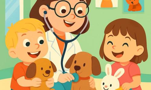 La doctora Lucía, una mujer sonriente con cabello castaño y gafas redondas, lleva una bata blanca y un estetoscopio alrededor del cuello. Está agachada, mirando con ternura a un pequeño perro de peluche llamado Coco, al que escucha con un estetoscopio, mostrando una expresión alegre y bondadosa. A su lado, Pablo, un niño de 6 años con cabello rubio y ojos brillantes, sostiene su peluche Coco en los brazos, sonriendo con asombro. Ana, una niña de 5 años con cabello castaño y un vestido rosa, está cepillando otro peluche, un pequeño conejo llamado Nube, con una gran sonrisa en su rostro. La escena se desarrolla en una clínica veterinaria luminosa, con paredes pintadas de verde pastel, carteles de animales coloridos y juguetes para animales esparcidos por el suelo. La situación principal muestra a la doctora Lucía enseñando a los niños cómo cuidar de sus peluches, rodeada de una atmósfera cálida y amistosa, llena de risas y descubrimientos.