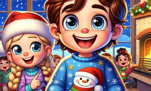Un ragazzo di 7 anni, Luca, con capelli castani disordinati e grandi occhi scintillanti di gioia, si trova al centro della scena, un ampio sorriso illumina il suo viso. Indossa un maglione blu con un grande motivo di pupazzo di neve e tiene in mano una lista dei desideri di Natale, irradiando eccitazione e orgoglio. Accanto a lui, la sua migliore amica Chiara, una ragazza di 7 anni con lunghi capelli biondi, trecce e un berretto rosso, lo incoraggia con un sorriso complice, puntando la lista come se avesse avuto un'idea brillante. Sullo sfondo, la cucina della scuola è decorata con ghirlande colorate e luci scintillanti, con un grande forno dove stanno cuocendo biscotti di Natale dorati. Fiocchi di neve cadono dolcemente fuori dalla finestra, aggiungendo un tocco magico all'atmosfera. La scena principale mostra Luca e Chiara che celebrano la scoperta della lista dei desideri di Babbo Natale, circondati da un gruppo di amici gioiosi, tutti uniti nello spirito del Natale, pronti a preparare biscotti per il grande uomo in rosso.